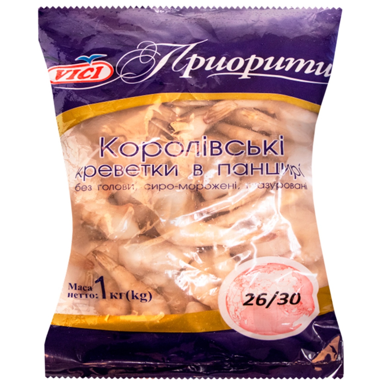 

Креветки Vici королевские в панцире без головы замороженные 26/30 1кг