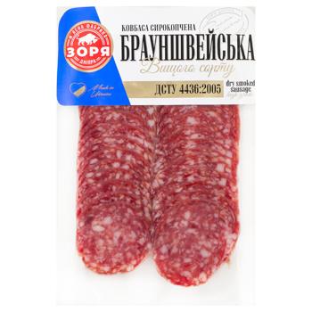 Ковбаса Зоря Дніпра Брауншвейська сирокопчена нарізка вищий сорт 80г - купити, ціни на Чудо Маркет - фото 1