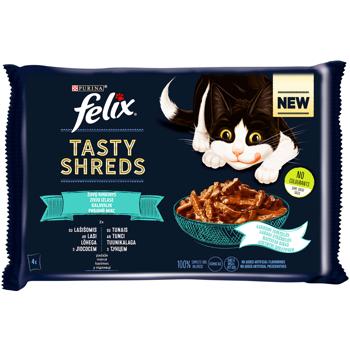 Корм вологий Felix Tasty Shreds з лососем та тунцем для дорослих котів 4х80г - купити, ціни на MasterZoo - фото 1