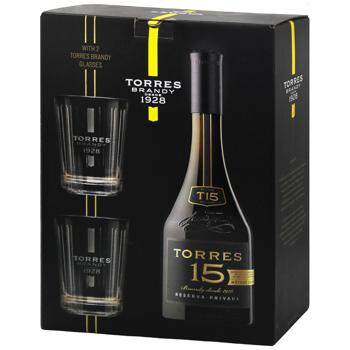 Бренди Torres 15 лет 40% 0,7л и 2 стакана