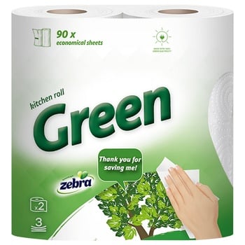 Zebra Green Three-layer Paper Towels 2 Rolls of 90 Sheets - buy, prices for COSMOS - photo 1