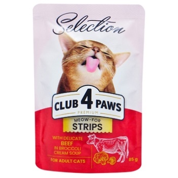 Корм вологий Club 4 Paws Premium Selection Смужки з яловичиною у крем-супі з броколі для котів 85г