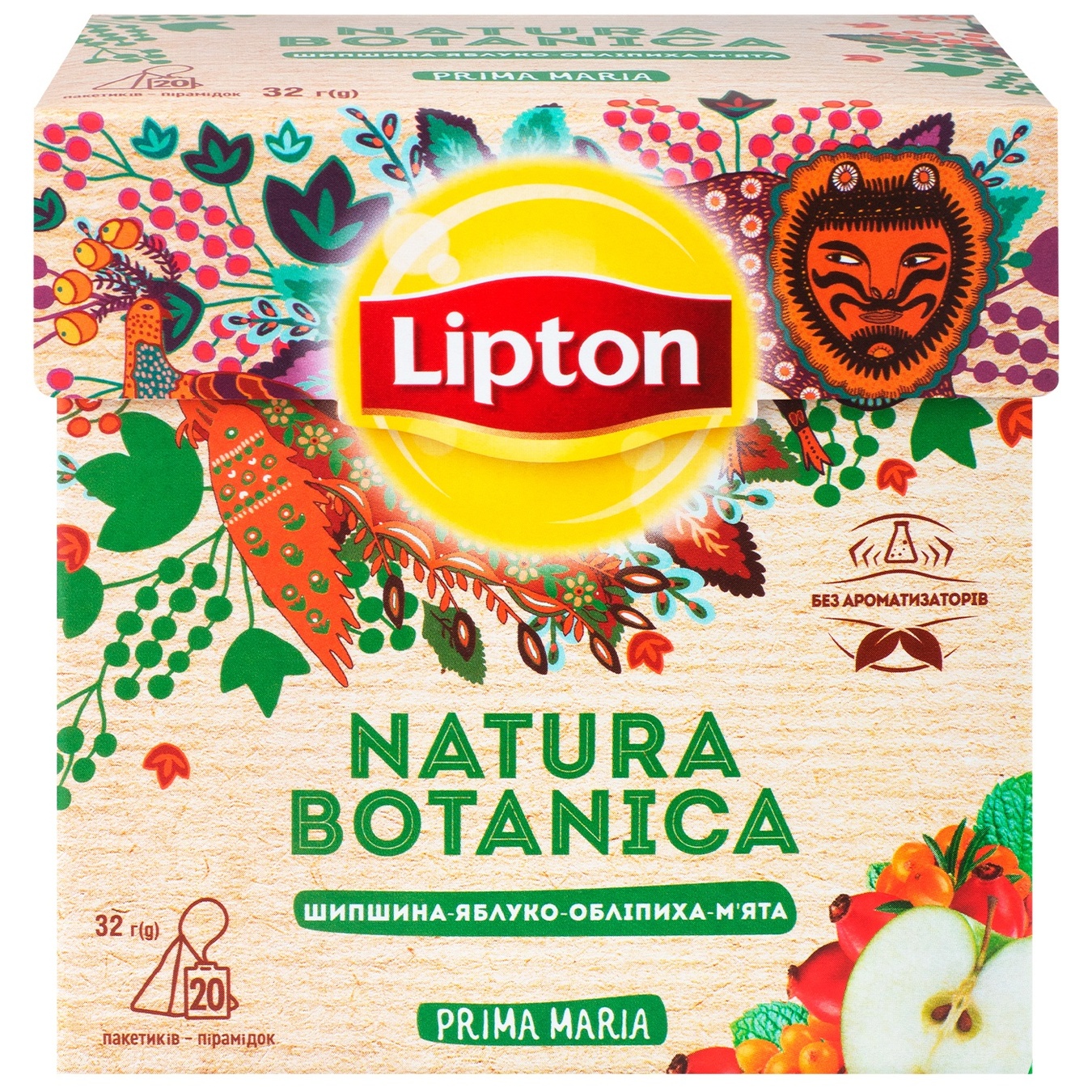 

Смесь плодово-травяных Lipton Natura Botanica с шиповником гибискусом кусочками яблок облипихой и мятой в пакетиках 20шт*1,6г