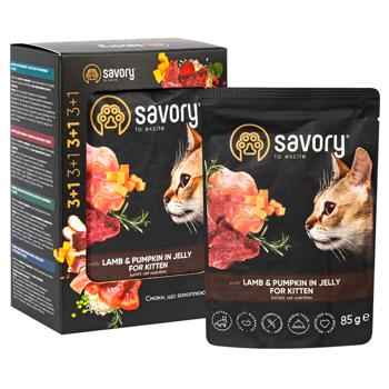 Набір корму для кошенят Savory Kitten pouch 3+1 шт х 85 г - ягня та гарбуз - купити, ціни на MasterZoo - фото 1