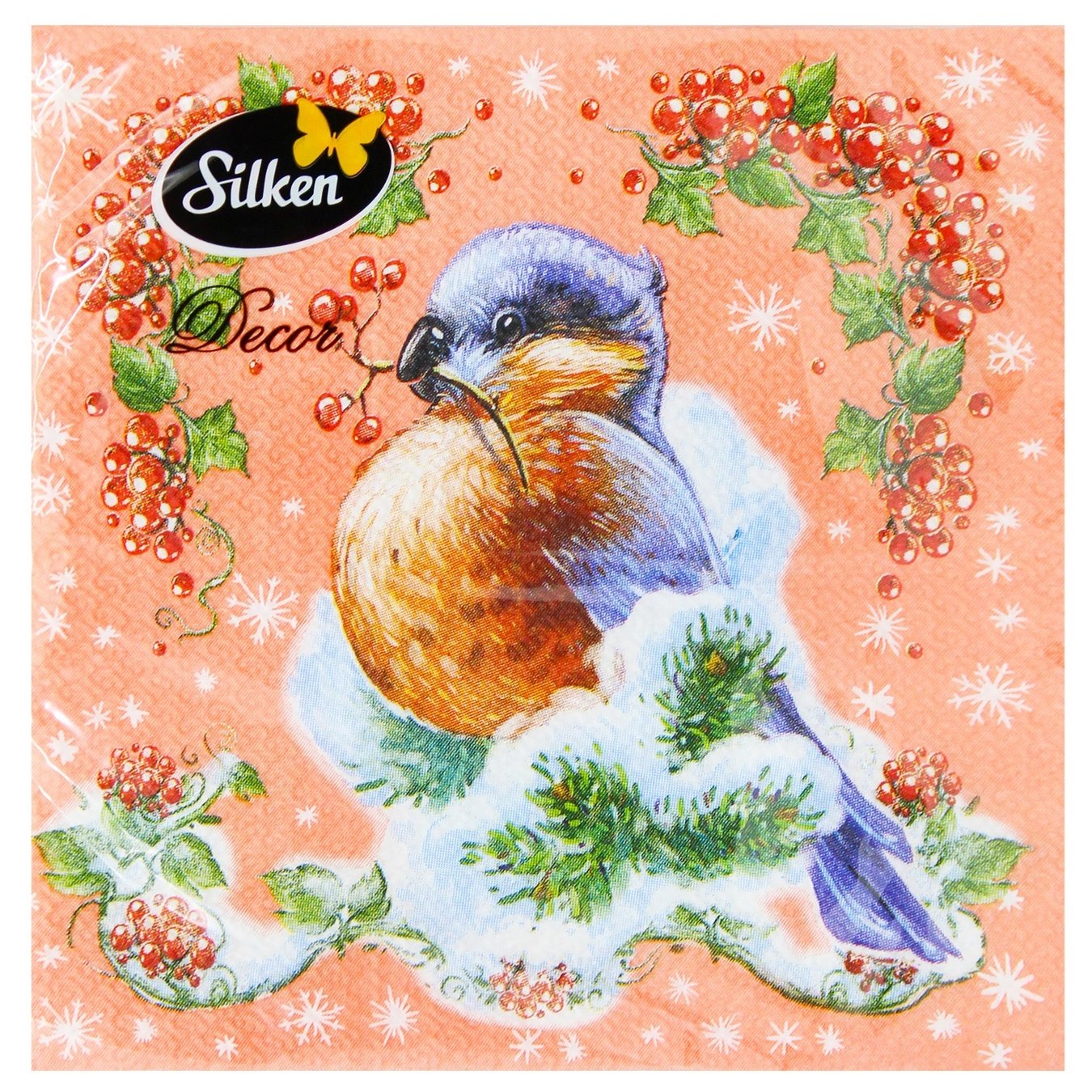 

Салфетки столовые Silken НР Снегирь и зимние ягоды 33х33см 16шт