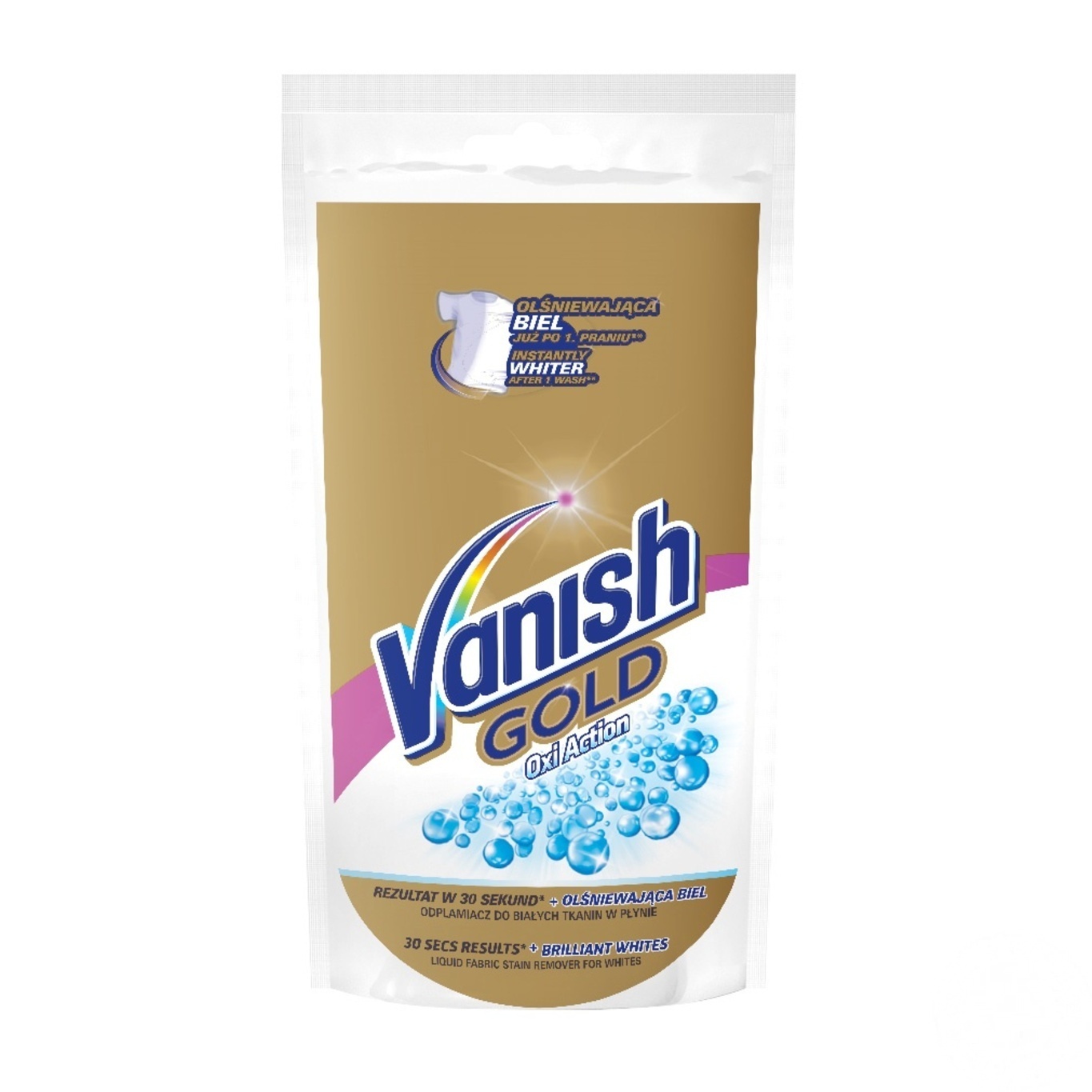

Пятновыводитель и отбеливатель Vanish Gold Oxi Action Кристальная белизна жидкий для тканей 100мл