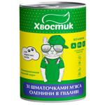 Повнораціонний вологий корм ХВОСТИК для дорослих котів зі шматочками м’яса оленини в підливі 415г