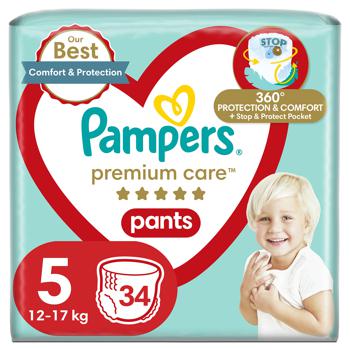 Подгузники-трусики Pampers Premium Care Pants размер 5 Junior 12-17кг 34шт - купить, цены на МегаМаркет - фото 1