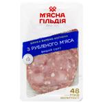 Ветчина М'ясна Гільдія из рубленого мяса варено-копченая высший сорт 100г