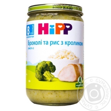 Baby puree HiPP Rabbit in broccoli puree with rice for 8+ month old babies glass jar 220g Hungary - buy, prices for MegaMarket - photo 1