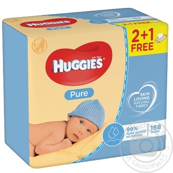 Серветки Huggies вологі pure 3*56 купити, ціни на МегаМаркет - фото 1