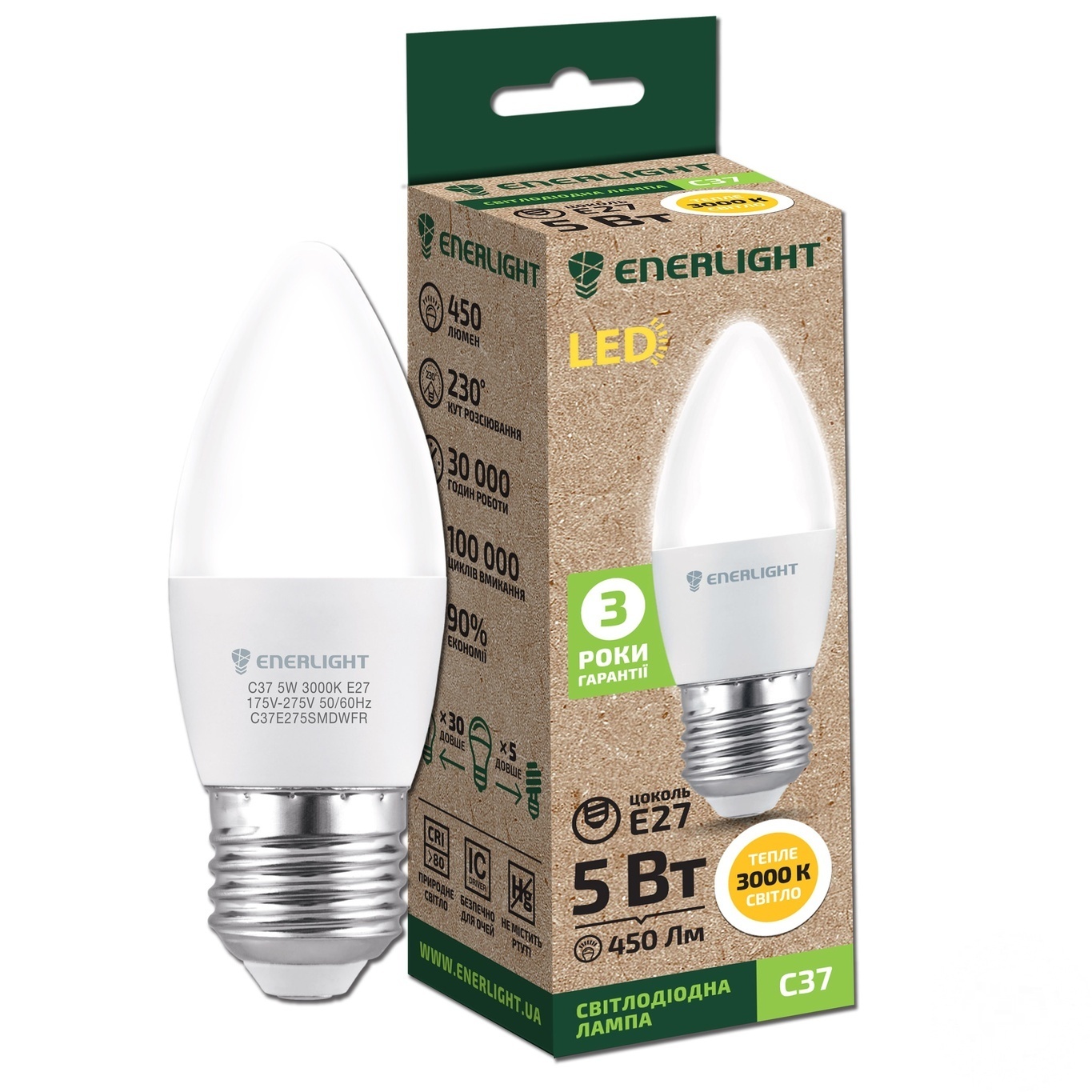 

Лампа светодиодная Enerlight С37 5Вт 3000K E27