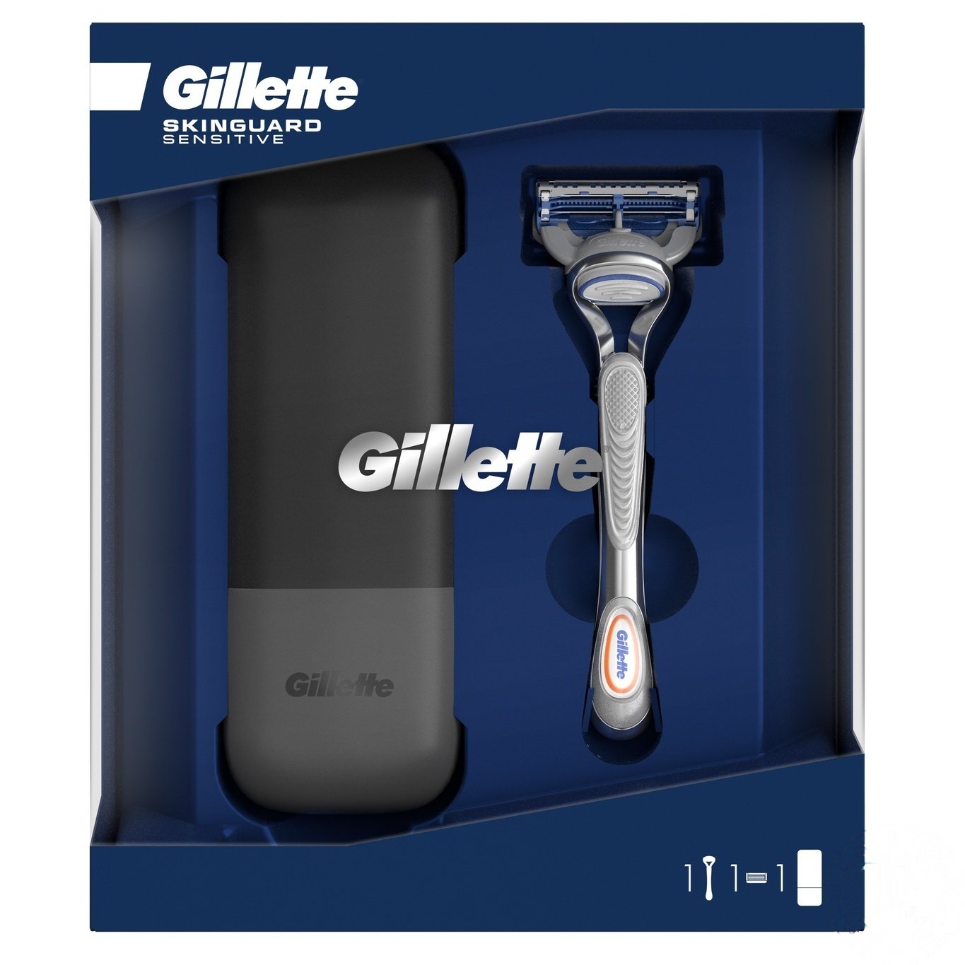 

Подарочный набор Gillette Skinguard Sensitive Бритва + 1 сменная кассета + Дорожный футляр