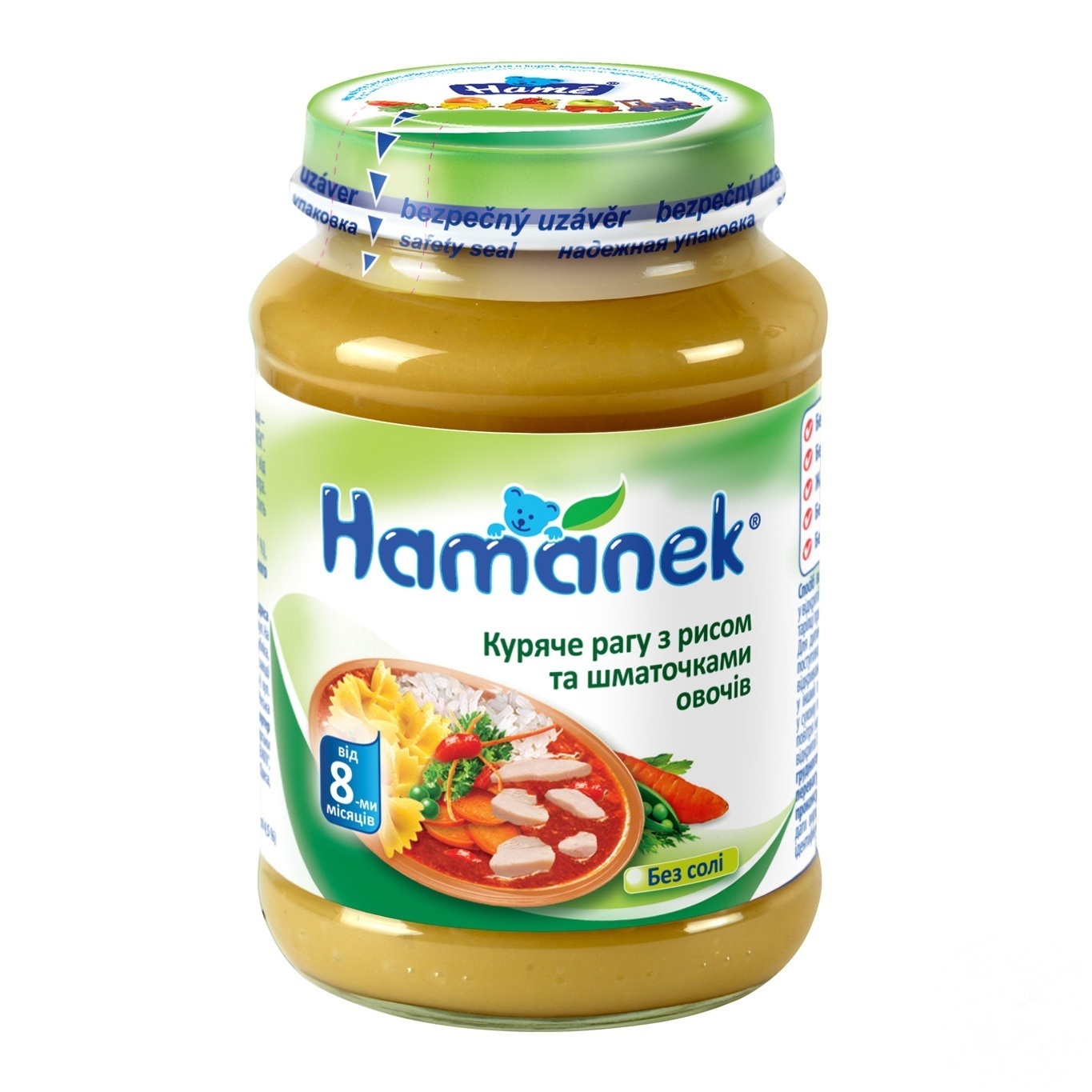 

Пюре Hamanek куриное рагу с рисом и кусочками овощ 190г