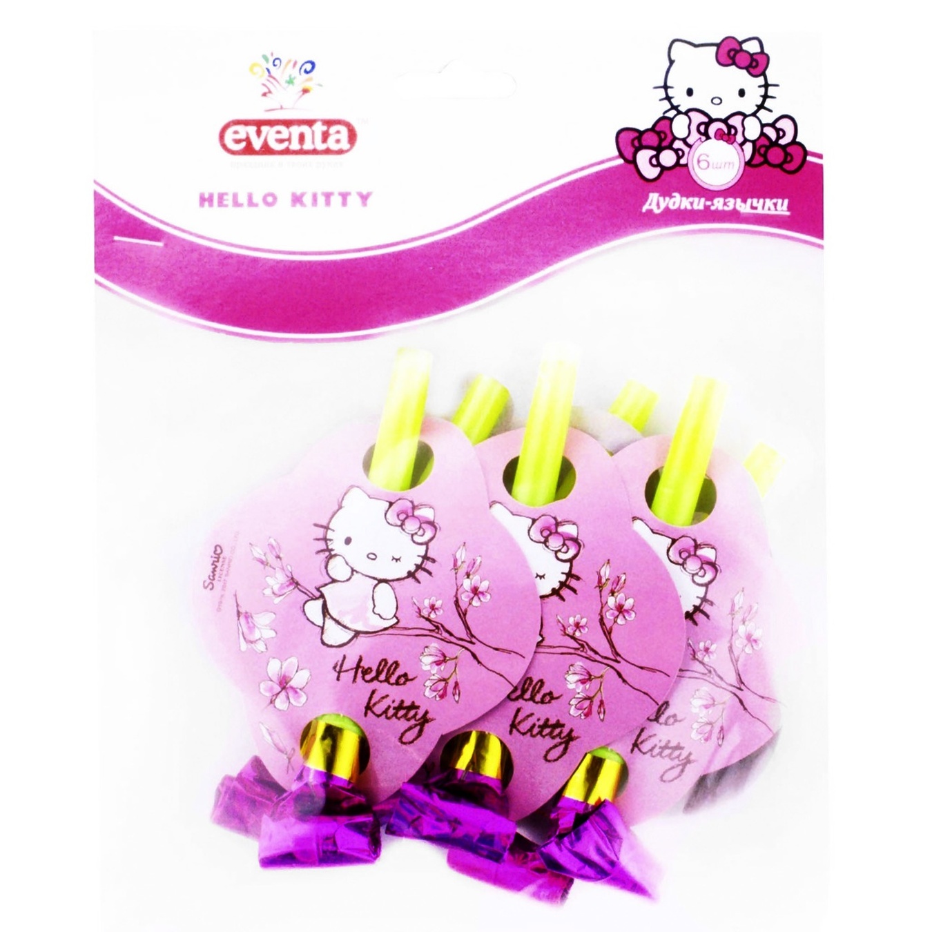 

Дудки-язычки пластиковые с картонным декором Hello Kitty 6шт в ассортименте
