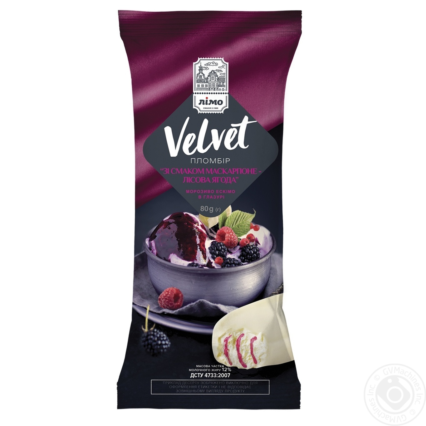 

Мороженое Лимо Velvet со вкусом маскарпоне-лесная ягода пломбир эскимо в шоколадной белой глазури 80г