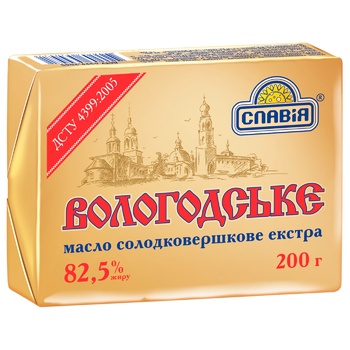 Масло Славия Вологодское сладкосливочное экстра 82,5% 200г - купить, цены на Auchan - фото 1