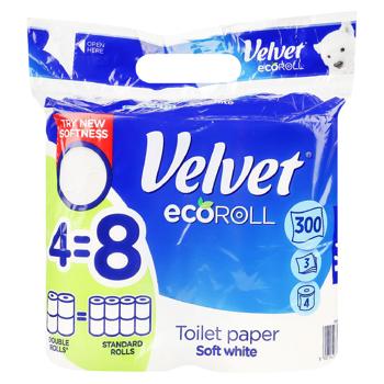 Туалетний папір Velvet Soft White Eco Roll 4=8 рул. 3 шари 300 відривів - купить, цены на Grono - фото 1