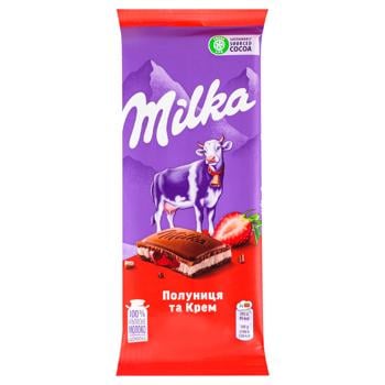 Шоколад молочний Milka з кремово-полуничною начинкою 90г - купити, ціни на Cупермаркет "Харків" - фото 1