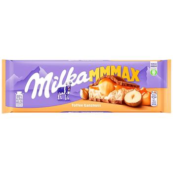 Шоколад молочний Milka з цілими лісовими горіхами та карамеллю 300г