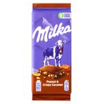 Шоколад молочний Milka з арахісом, карамельною начинкою, рисовими кульками та кукурудзяними пластівцями 90г