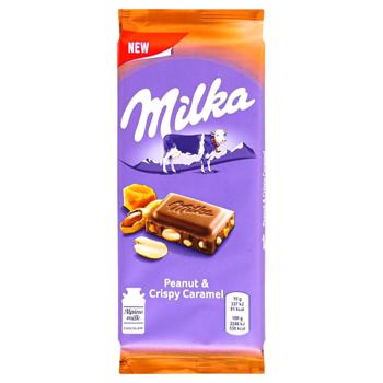 Шоколад молочный Milka с арахисом, карамельной начинкой, рисовыми шариками и кукурузными хлопьями 90г - купить, цены на КОСМОС - фото 1