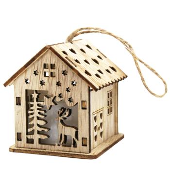 Підвіска дерев'яна зі світлом Будиночок 6*6*6.5см арт. FC-25082-1 9245 И818 - купити, ціни на КОСМОС - фото 1