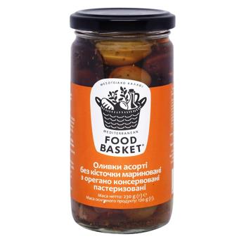 Оливки Food basket Асорті без кісточки мариновані з орегано пастеризовані  260г - купити, ціни на Біотус - фото 1