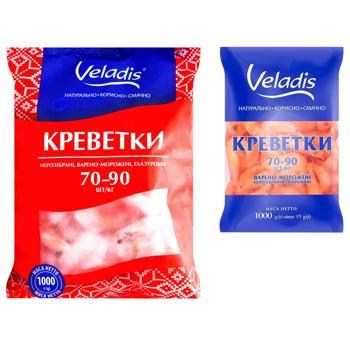 Креветки Veladis нерозібрані глазуровані варено-морожені 70/90 1кг - купити, ціни на КОСМОС - фото 1