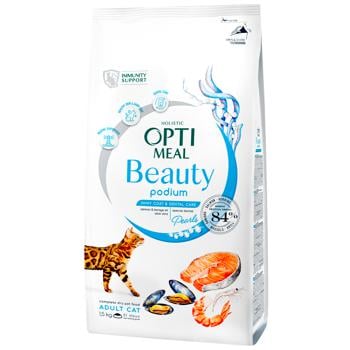 Корм сухой Optimeal Beauty Podium с морепродуктами для ухода за шерстью и зубами у взрослых кошек 1,5кг - купить, цены на MasterZoo - фото 1