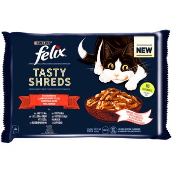 Корм вологий Felix Tasty Shreds з яловичиною та куркою для дорослих котів 4х80г - купити, ціни на MasterZoo - фото 1