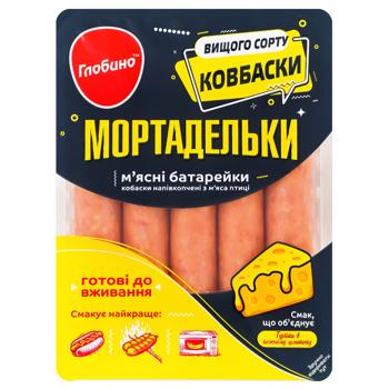 Колбаски Глобино Мортадельки из мяса птицы полукопченые высший сорт 250г - купить, цены на Auchan - фото 1