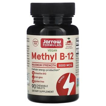 Витамин B-12 метилкобаламин, Methyl B-12, Jarrow Formulas, вкус вишни, 5000 мкг, 90 жевательных табл