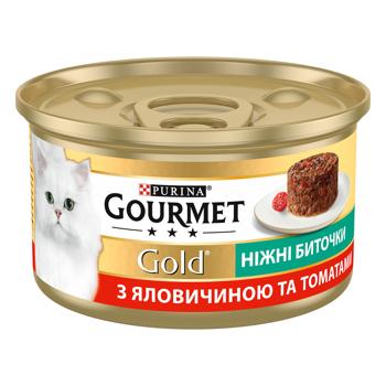 Корм влажный Gourmet Gold Нежные биточки с говядиной и томатами для кошек 85г - купить, цены на КОСМОС - фото 1