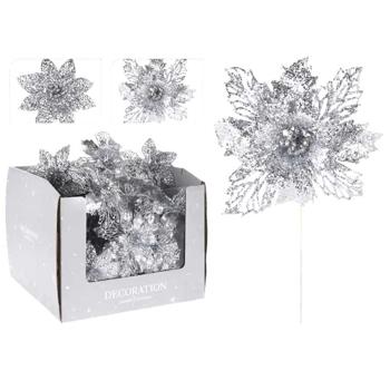 Цветок искусственный на палочке серебряный 14х21см