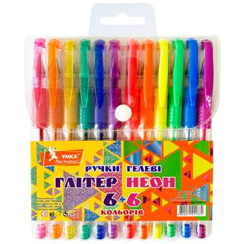 Набор ручек гелевых Умка Глиттер + неон 0,6мм 12 цветов