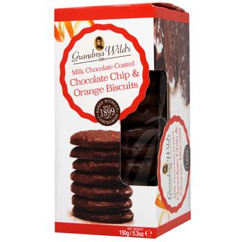 Печенье Grandma Wild's с шоколадной крошкой и апельсином покрытое молочным шоколадом 150г