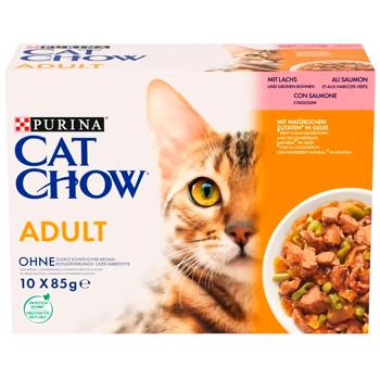 Набір вологого корму для котів Cat Chow Adult 10 шт х 85 г - лосось та зелена квасоля - купити, ціни на MasterZoo - фото 1