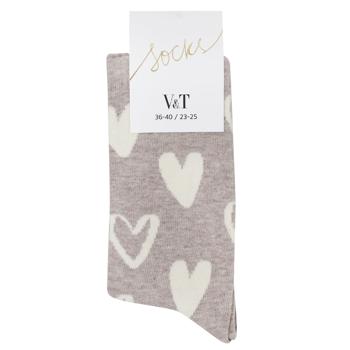 V&T Hearts Classic Ribbed Women's Socks s.23-25 Beige Melange