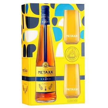 Напій кон'ячний Metaxa 5років 38% 0,7л + 2 стакани - купити, ціни на Cупермаркет "Харків" - фото 1