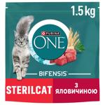 Корм сухой Purina One с говядиной для взрослых стерилизованных кошек 1,5кг