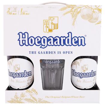 Пиво Hoegaarden White светлое нефильтрованное 2шт 0,75л + бокал 0,33л - купить, цены на КОСМОС - фото 1