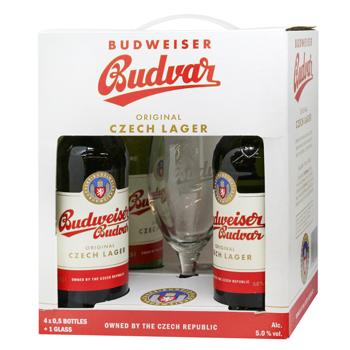 Набiр подарунковий Budweiser Budvar Original Пиво 5% 4х0,5л + келих 0,33л - купити, ціни на NOVUS - фото 1