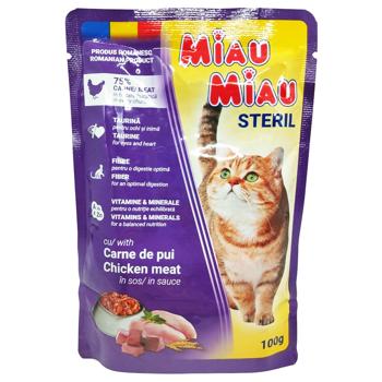Корм влажный Miau Miau мясные кусочки в соусе для стерилизованных кошек 100г - купить, цены на Таврия В - фото 1