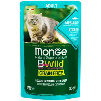 Корм вологий Monge Bwild Grain Free з тріскою, креветками та овочами для котів 85г - купити, ціни на MasterZoo - фото 1