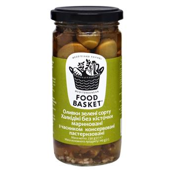 Food Basket Halkidiki Pitted Marinated With Garlic Pasteurized Olives 260g - buy, prices for NOVUS - photo 1