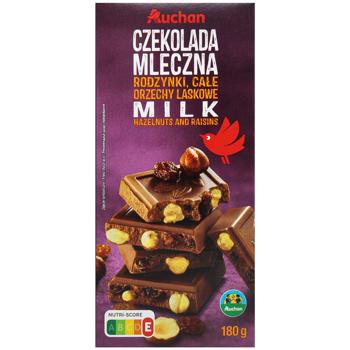 Шоколад молочний Auchan з родзинками та цілим фундуком 180г