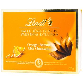 Шоколад молочний Lindt зі смаком апельсина в тонких пластинках 125г