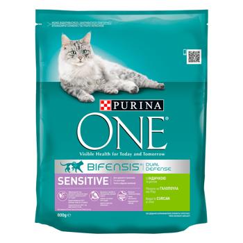 Cухой корм для взрослых кошек Purina ONE Sensitive С индейкой и рисом 800г - купить, цены на MasterZoo - фото 1