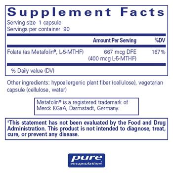 Фолат, Folate, Pure Encapsulations, 400 мг, 90 капсул - купить, цены на Biotus - фото 2